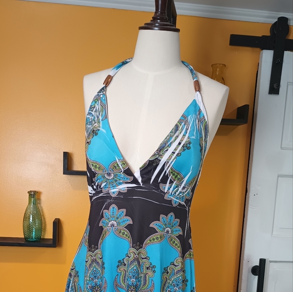 Chelsea Blue White and Green Floral Halter Dress Size M - Picture 3 of 13